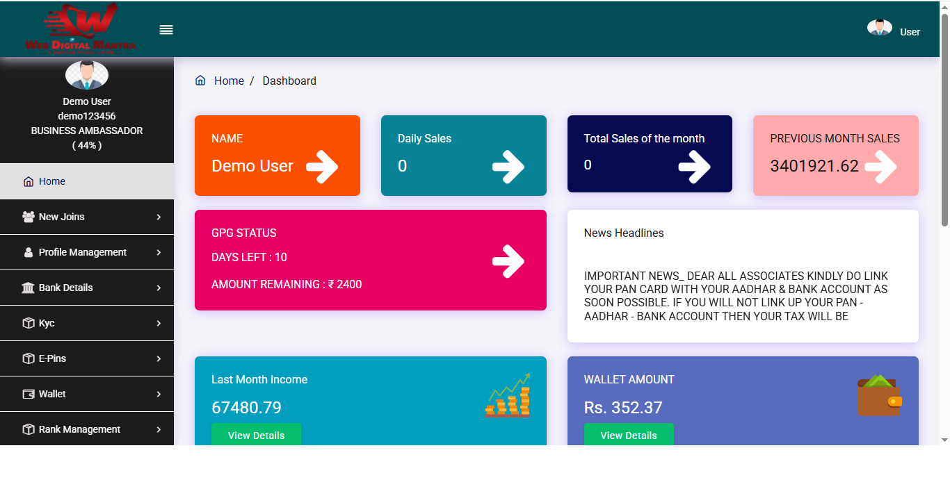 User Dashboard view 3